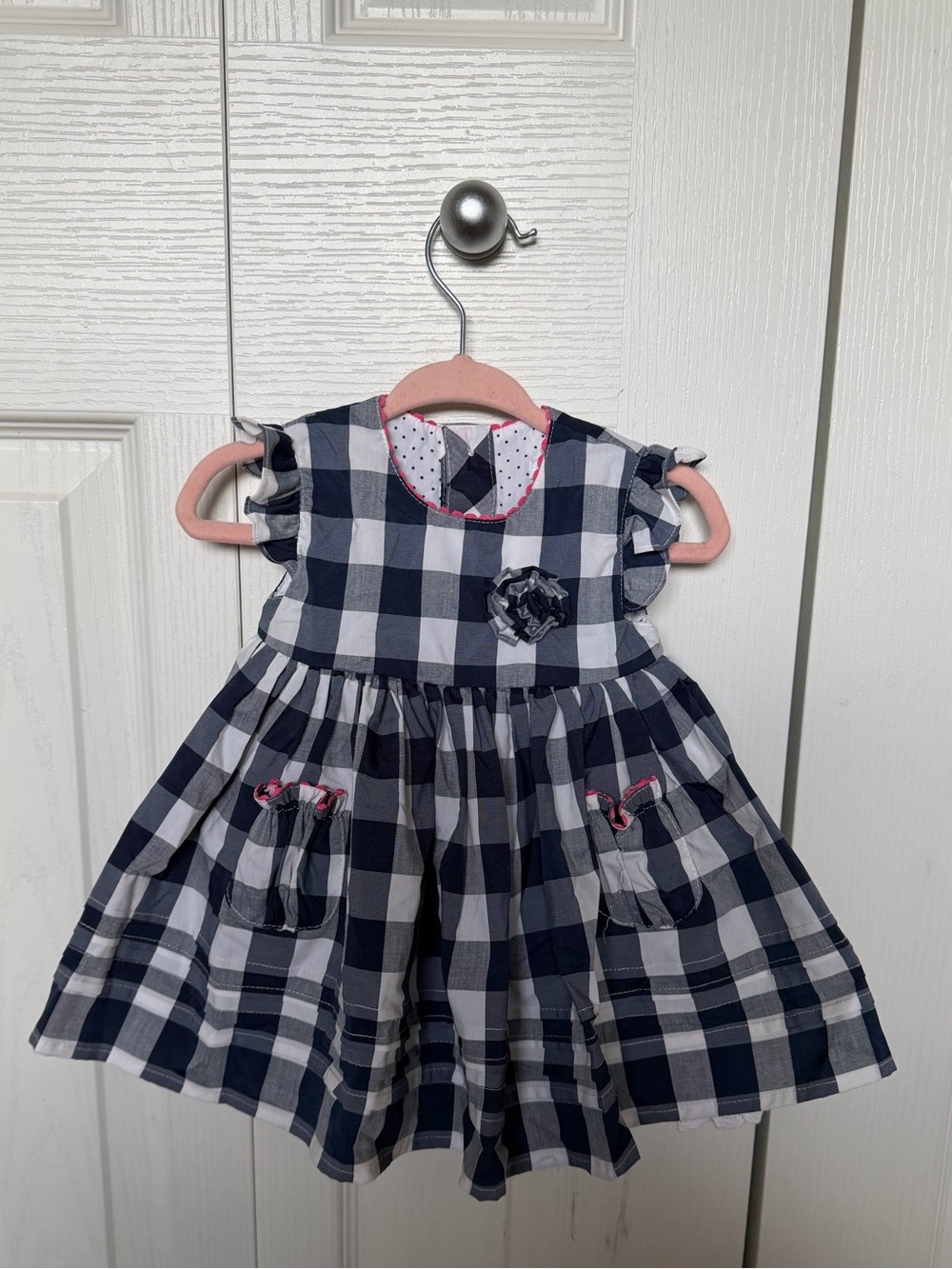 Navy & White Gingham Toddler Dress with Pink Bow Accents